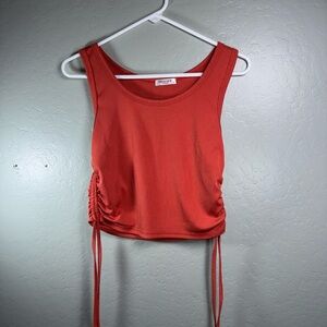 EKOUAER Ruched Ribbed Crop Tank Red Adjustable Drawstring Top
